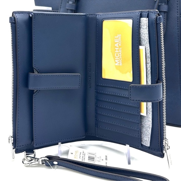 Michael Kors Large Charlotte Tote Bag & LG Double Zip Wallet Luggage Navy Blue - Picture 12 of 15